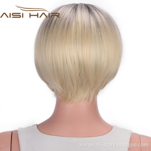 Aisi Hair Short Bob Wigs Heat Resistant Synthetic Fiber Ombre Blonde Straight Short Bob Wigs with Neat Bangs for Women